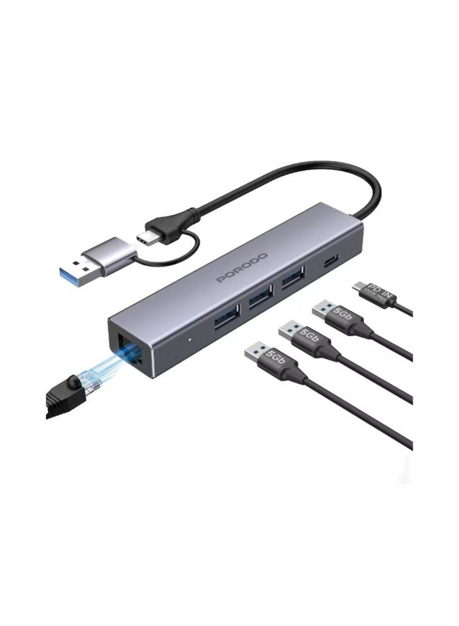 بورودو موزع متعدد المنافذ 5 في 1 مزود بمنافذ RJ45 وUSB-C وثلاثة منافذ USB 3.0، يدعم توصيل الطاقة بقدرة 100 واط، هيكل من سبائك الألومنيوم، توافق عالمي، تصميم سهل الاستخدام - رمادي - Image 2